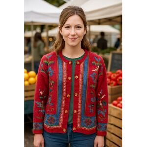 Cottagecore Prairie Boho Grandma L Farm Cozy Red Floral Knit Cardigan Sweater